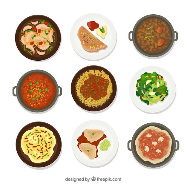 Dishes collection with different food