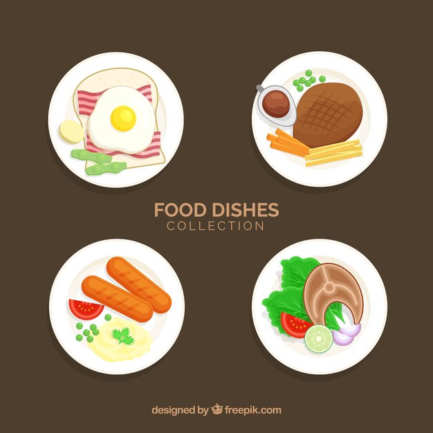 Dishes collection with food in top view