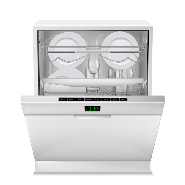 Free vector dishwasher machine with digital display, with open door, filled with clean plates