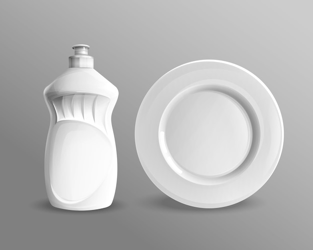 Free Vector dishwashing liquid plastic bottle with ceramic circle plate mockup