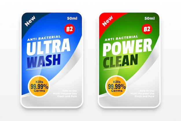 Free Vector disinfectant and cleaner two labels template design concept