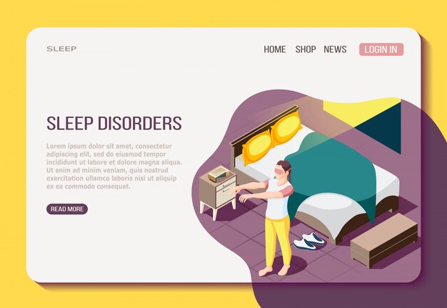 Disorder of night resting isometric web page with girl during walking in sleep