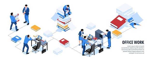 Disorganized office work problems isometric infographic flowchart with messy desks fellow colleagues on folders piles illustration