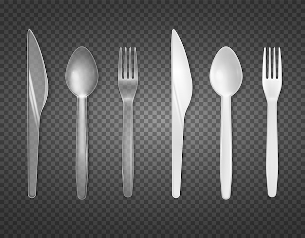 Disposable cutlery from clear and white plastic top view realistic tableware set transparent  isolated