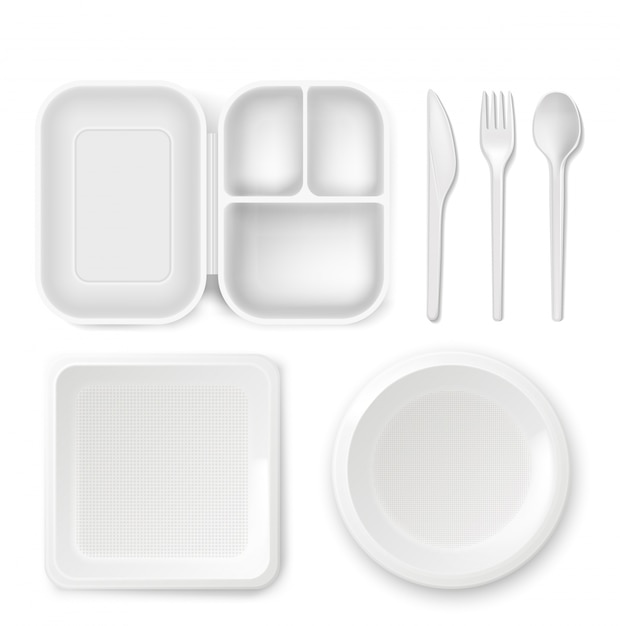 Free Vector disposable plastic dishware plates and cutlery