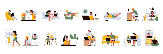 Distance learning set of isolated icons with people home working places and electronic gadgets with tutors vector illustration