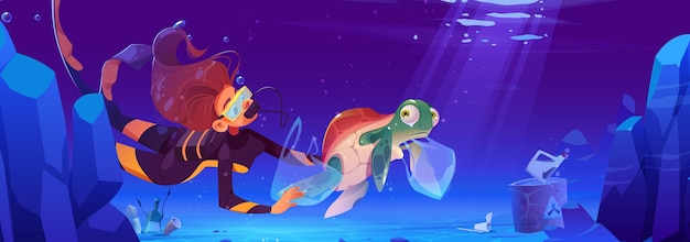 Free Vector diver girl help underwater animals living in polluted water with plastic garbage banner