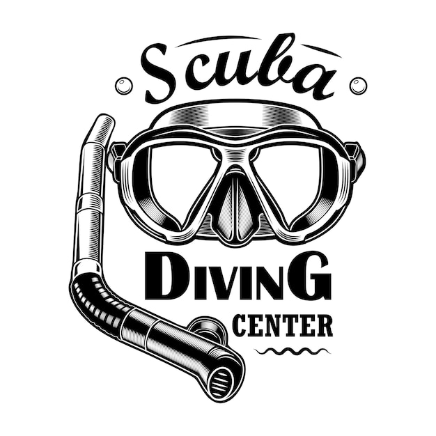 Free Vector diver mask and tube vector illustration. scuba diving center text. seaside activity concept for snorkeling or diving club emblems or labels templates