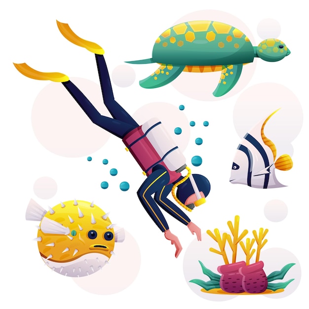 Free Vector the diver with scuba diving equipment under sea in cartoon vector