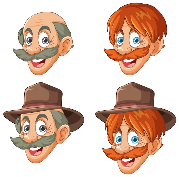 Free Vector diverse cartoon faces with hats and mustaches