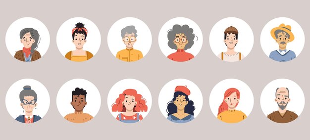 Diverse people avatars person faces for social media profile Vector set of male and female portraits with different hairstyle Flat illustration of young and senior adult people heads