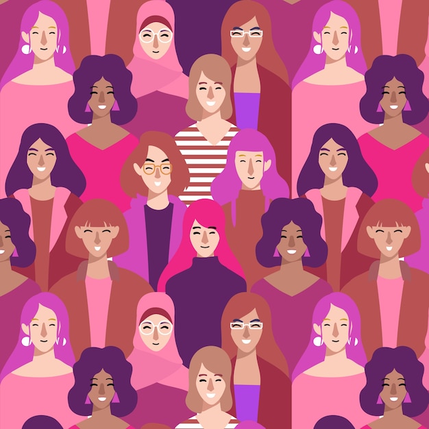 Diverse women's faces on pattern for women's day