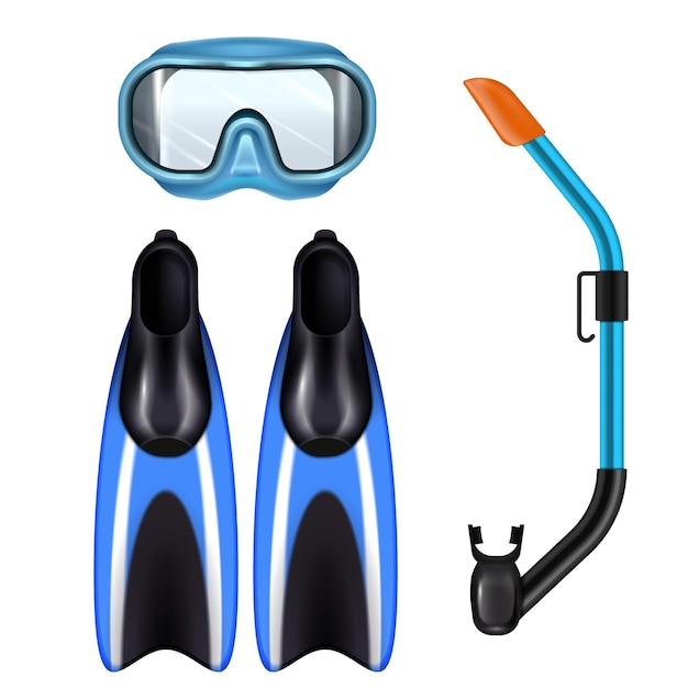 Free Vector diving accessories realistic set with snorkel breathing tube mask and flippers for underwater sport blue