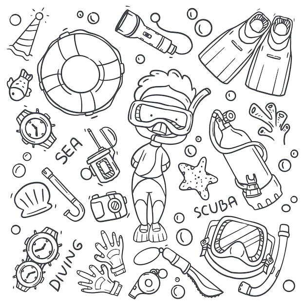 Diving cartoon vector doodles illustration