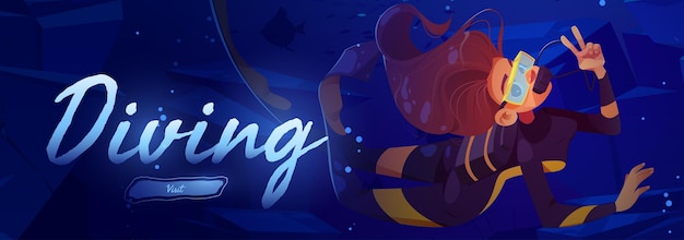 Diving cartoon web banner, scuba diver explore sea