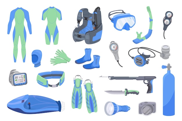 Free vector diving equipment flat set of isolated icons with wet suits breathing masks oxygen bottles and flippers vector illustration