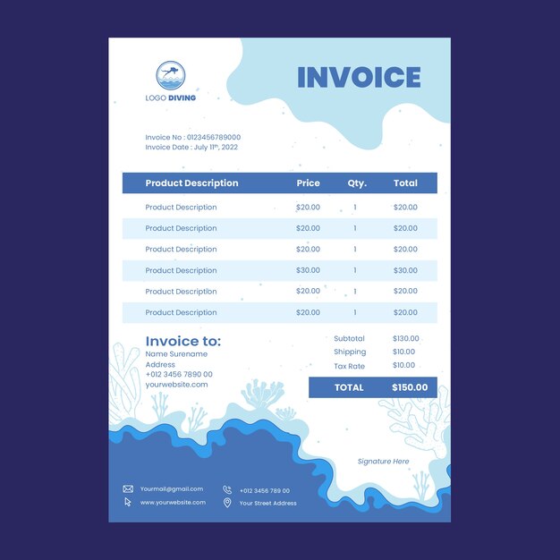 Diving hand drawn flat invoice