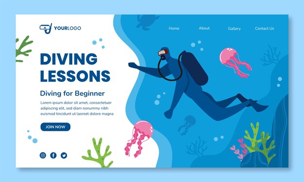 Diving hand drawn flat landing page