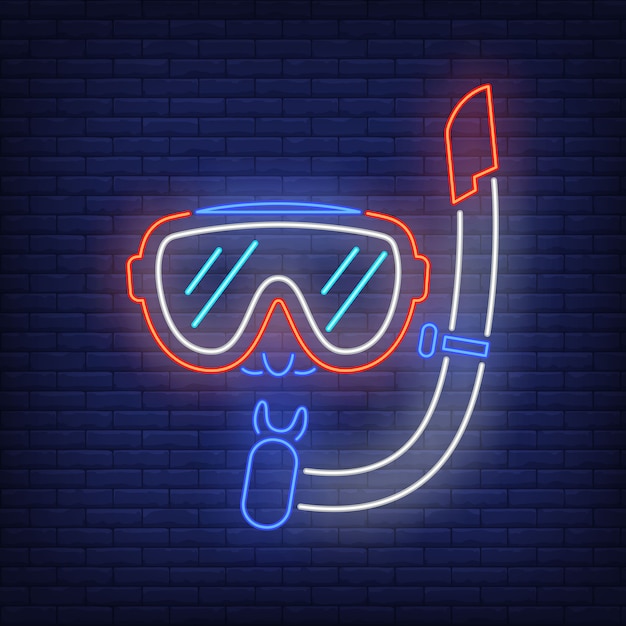 Free Vector diving mask neon sign. snorkel and glasses on brick wall 