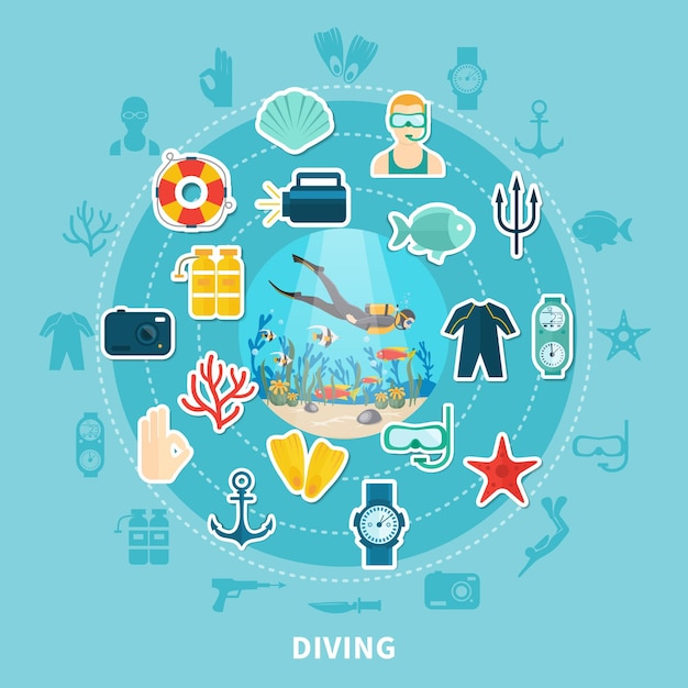 Diving round composition with scuba equipment, lifebuoy and underwater wildlife