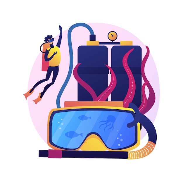 Free vector diving school instructor. scuba diving, underwater recreation, snorkelling lesson. male diver in wetsuit and mask swimming with aqualung.