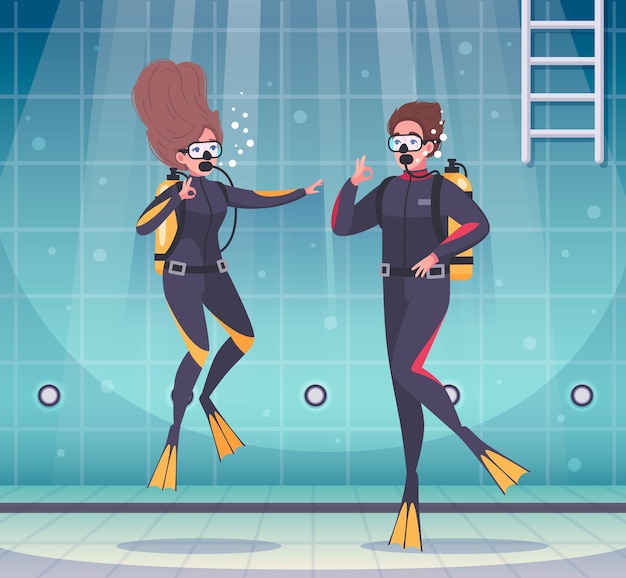 Free Vector diving snorkeling cartoon composition with human characters of divers under water in pool with breathing apparatus