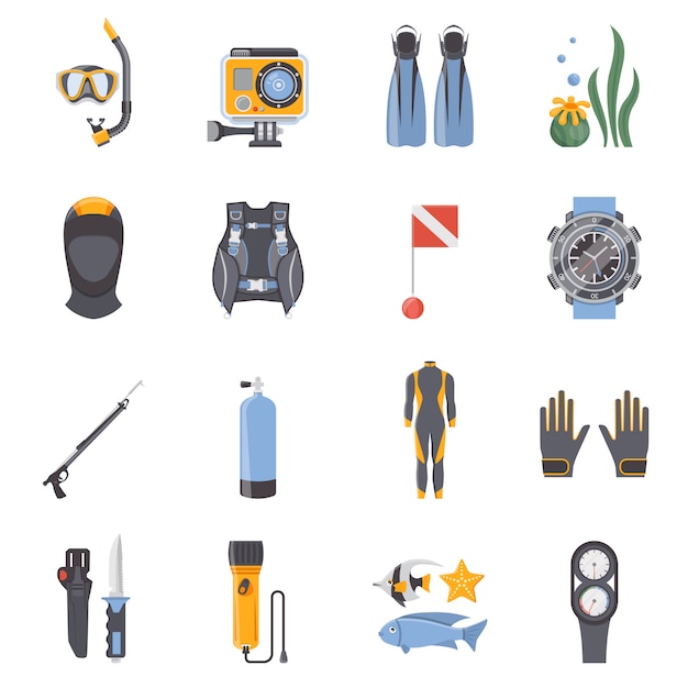 Free vector diving and snorkeling flat decorative icons