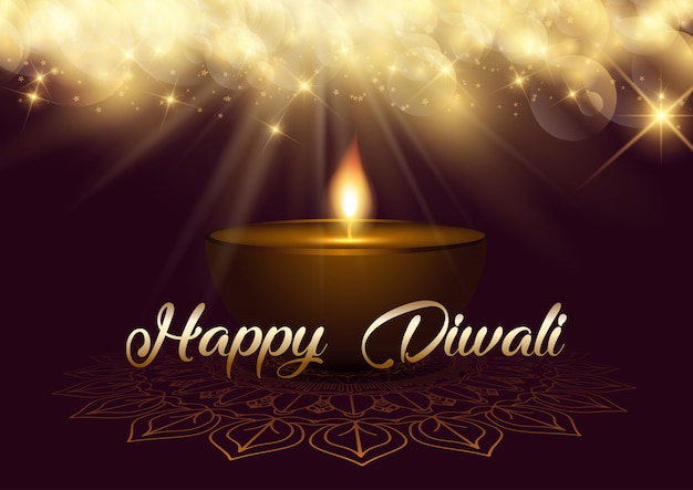 Diwali background with bokeh lights and oil lamp