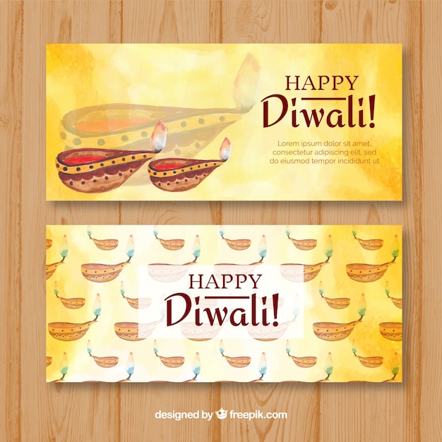 Free vector diwali banners with watercolor oil lamps