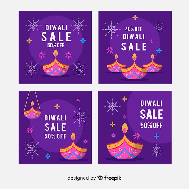 Free Vector diwali instagram night purple shades post collection