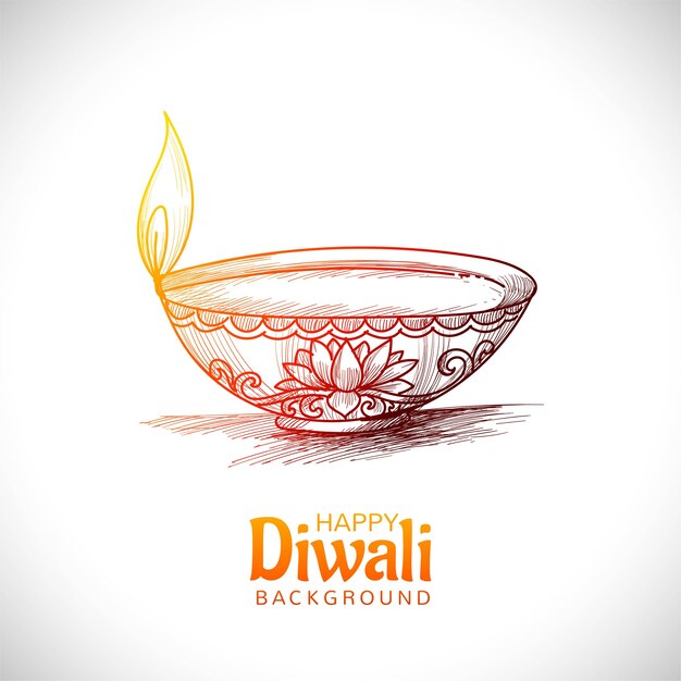 Diwali oil lamp festival hand draw sketch card design