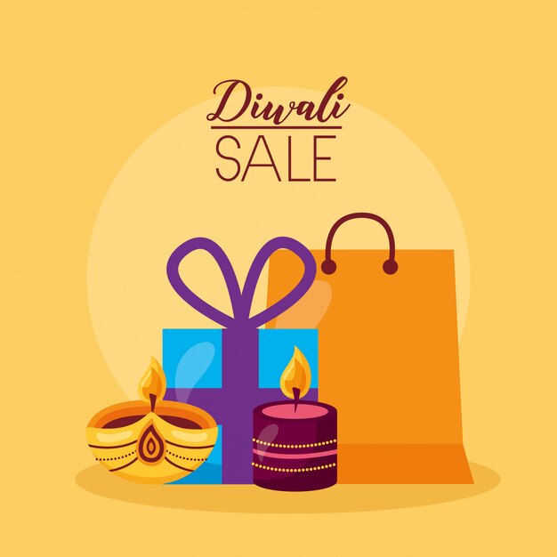 Diwali sale card with gifts and candles