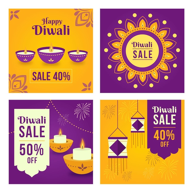 Free Vector diwali sale instagram posts pack