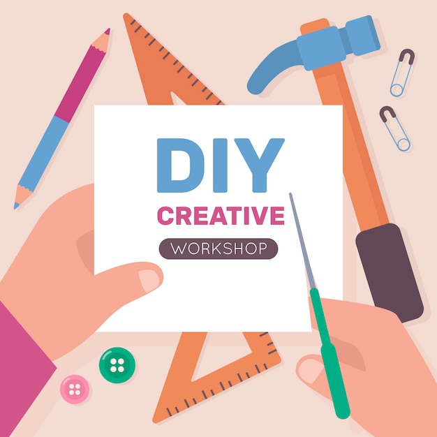 Diy creative workshop concept with hands using scissors