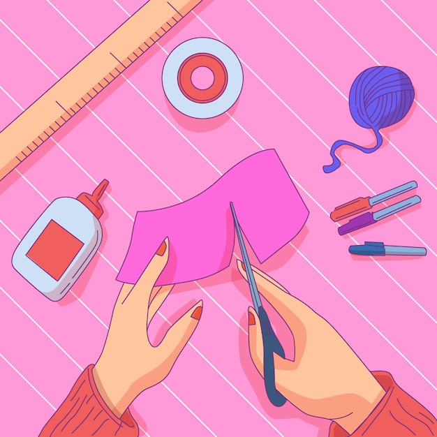 Free Vector diy creative workshop with woman cutting material