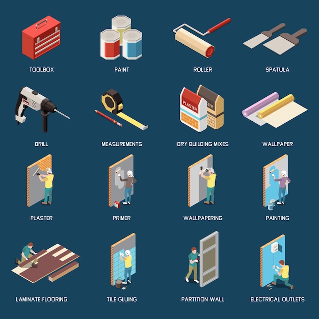 Free Vector diy isometric icons set with tools for renovation and characters doing repairs isolated vector illustration