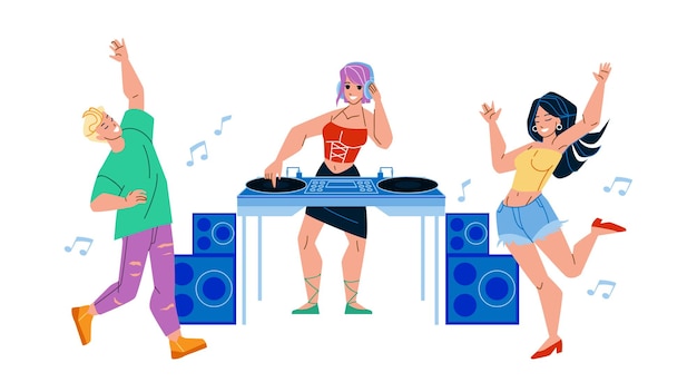 Dj Girl Playing Music On Night Club Party Vector. Young Woman Dj Play Disco Sound And Dancers Man And Lady Dancing Together. Characters Leisure Time In Nightclub Flat Cartoon Illustration