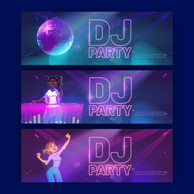 Dj party banners with disco ball and girl dance