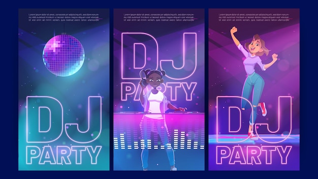 Dj party cartoon invitation posters woman dancing in night club with african girl disc jockey with headphones playing music at console during dance festival or musical battle event Vector ads flyers