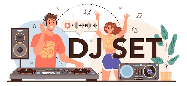 DJ set typographic header Person standing at turntable mixer make music in club Club music composer with headphones Isolated flat vector illustration