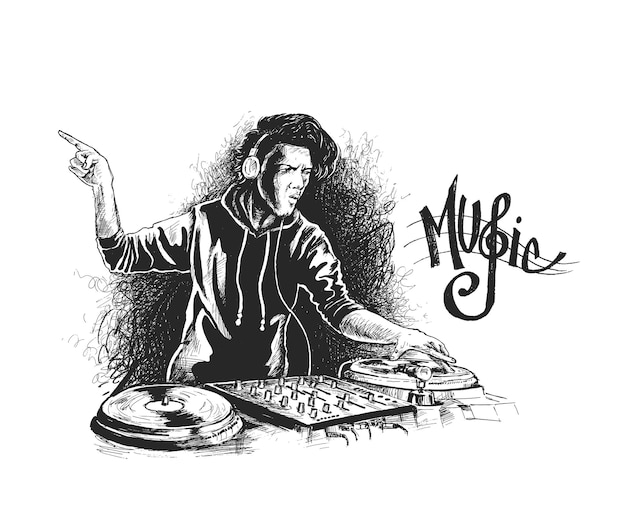 DJ with the beard mixing music on turntables Hand Drawn Sketch Vector illustration