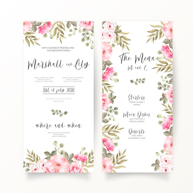 DL wedding invitation and menu template with soft pink flowers