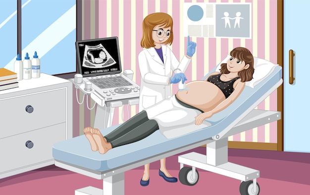 Doctor doing ultrasound scan for pregnant woman in hospital