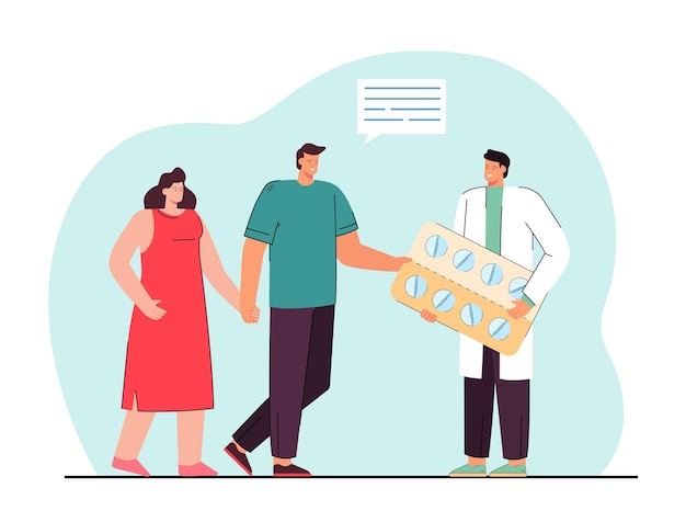 Doctor giving pills to happy couple patients. Smiling male medical specialist prescribing tablets medications to man and woman clients. Future parents. Family consultation. Flat illustration