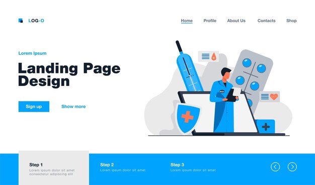 Doctor in laptop screen reading disease history landing page in flat style