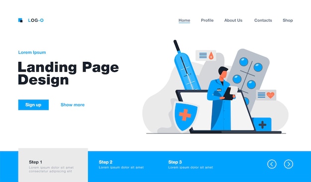 Doctor in laptop screen reading disease history landing page in flat style
