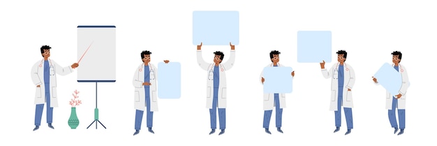 Free Vector doctor make presentation and hold empty banners