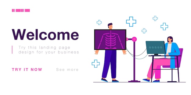 Doctor making X-ray of patient in radiology room to confirm diagnosis. Medical officer examining male person in clinic flat vector illustration. Diagnostics, healthcare, medicine concept