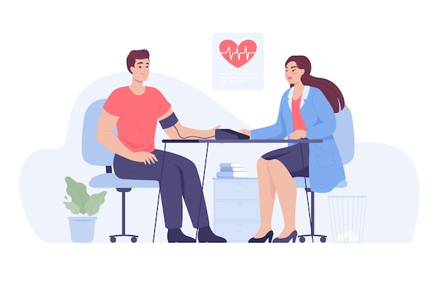 Doctor measuring blood pressure to male patient. Female physician sitting at table in clinic or hospital and checking arterial pressure of sick man flat vector illustration. Cardiology, health concept