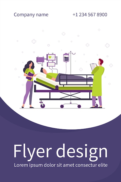 Doctor and nurse giving medical care to patient in bed isolated flat Flyer template